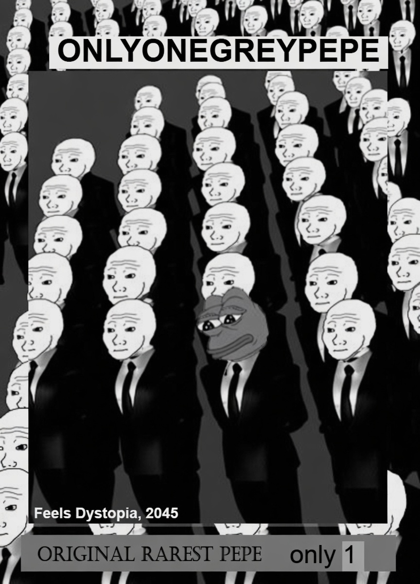 ONLYONEGREY card — original rarest pepe in a crowd of NPCs